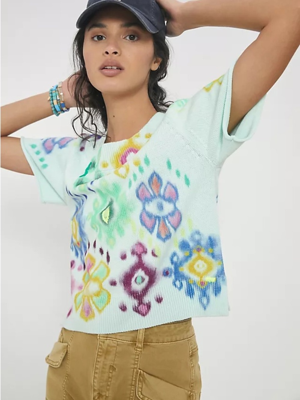 ANTHROPOLOGIE Meera Embroidered Floral Watercolor Sweater Tee SMALL